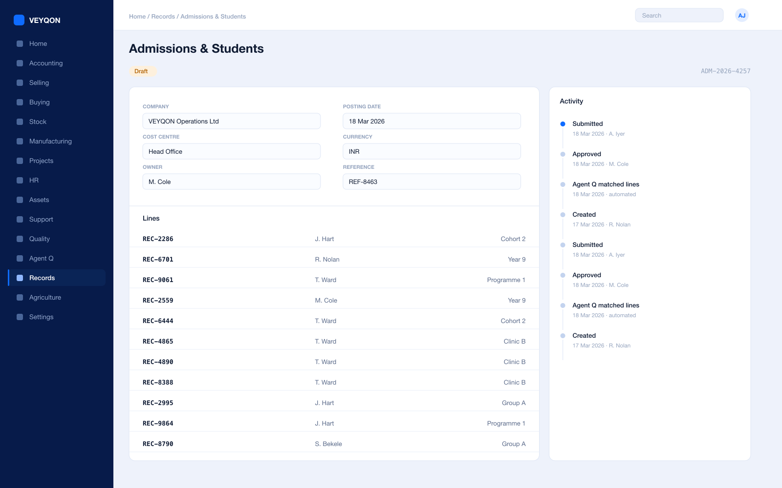 A student record with guardians, enrolment history, and the application it came from.