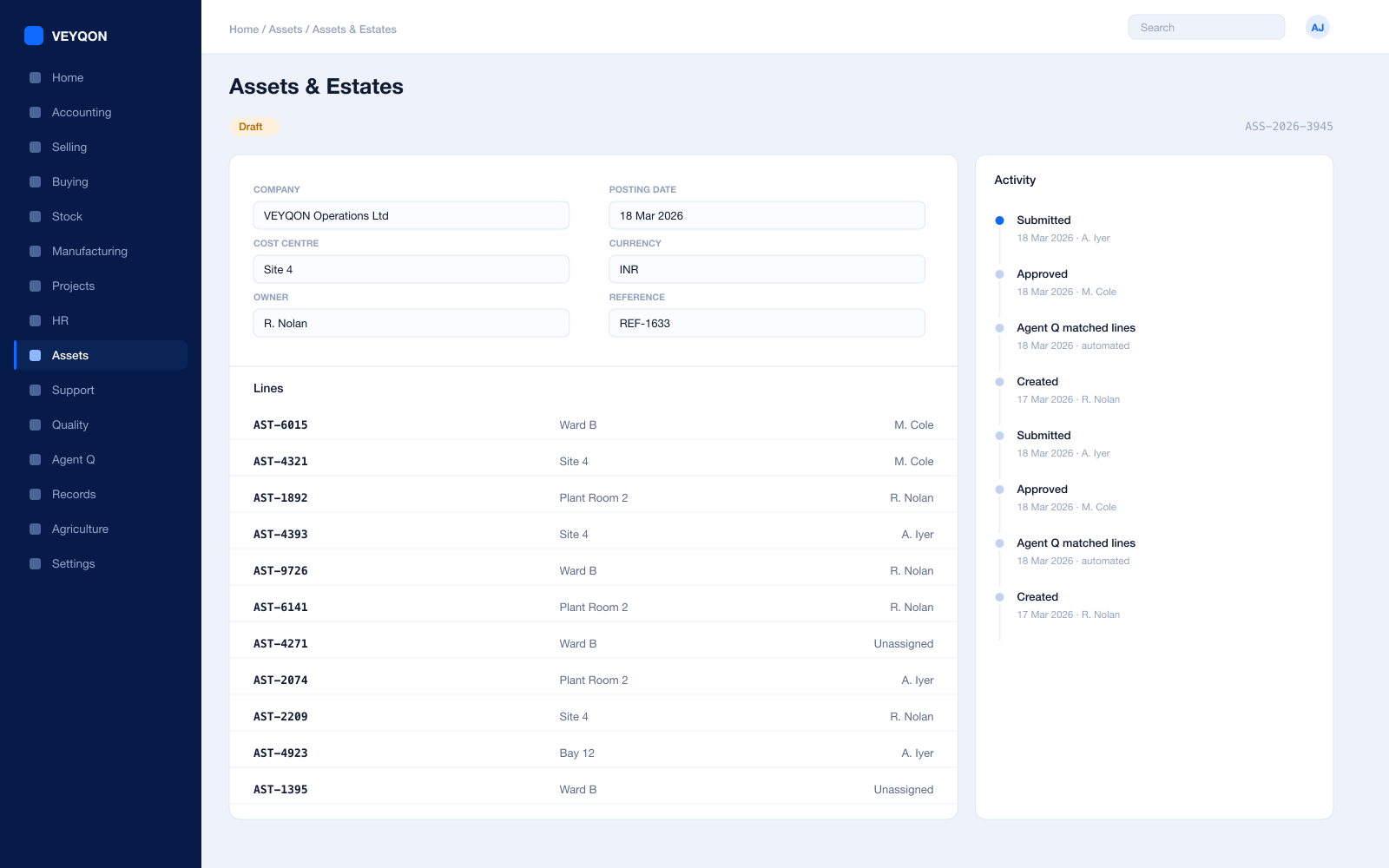 An asset with its location, custodian, and maintenance schedule.
