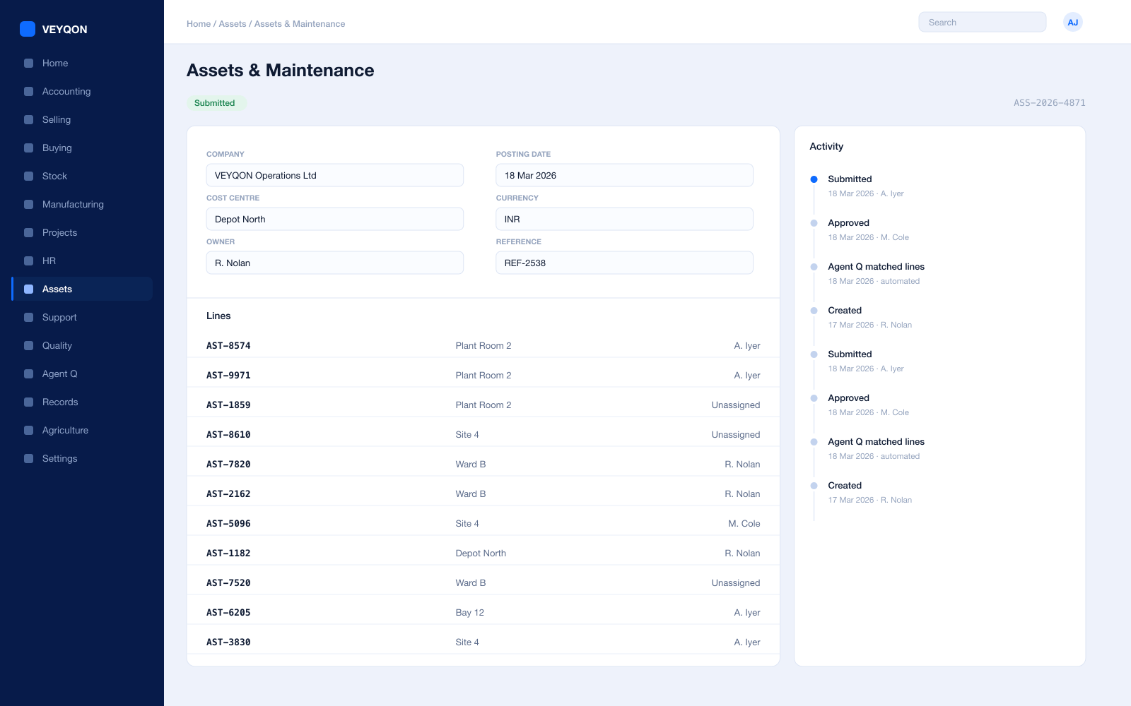 An asset with its depreciation schedule and its maintenance log.