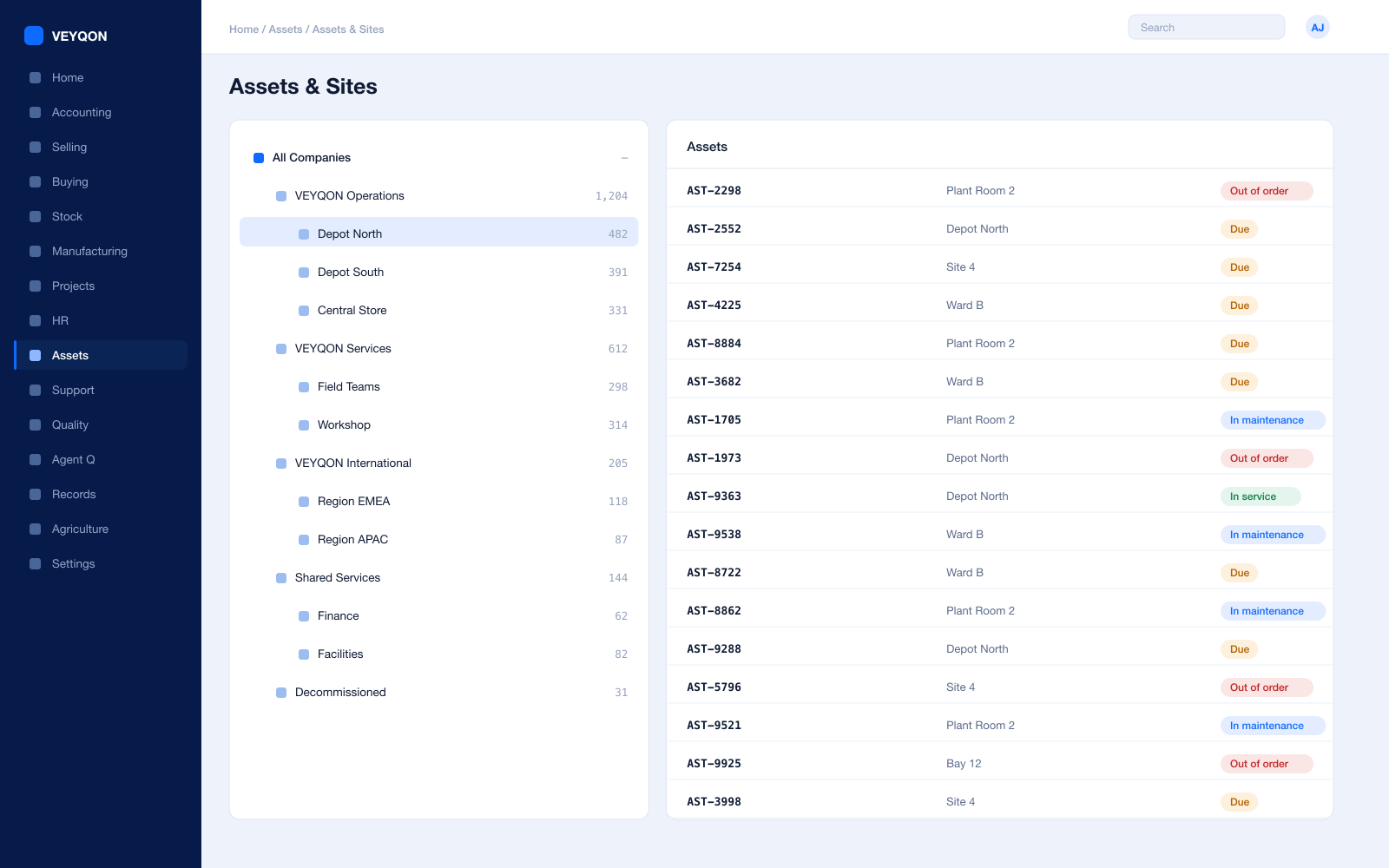A site with its asset register, each item carrying its obligations.