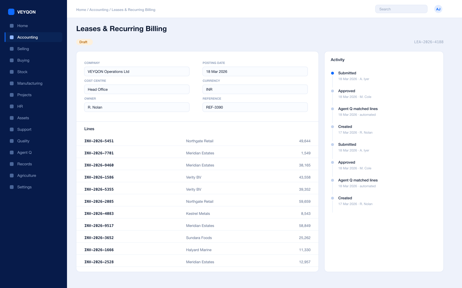 A tenancy with its recurring billing schedule and the invoices it has generated.