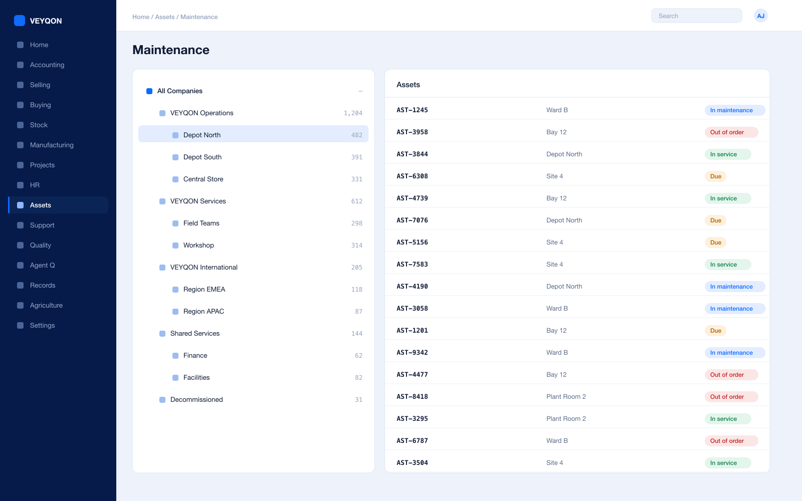 A maintenance schedule generating its rows, with the log completed against one of them.
