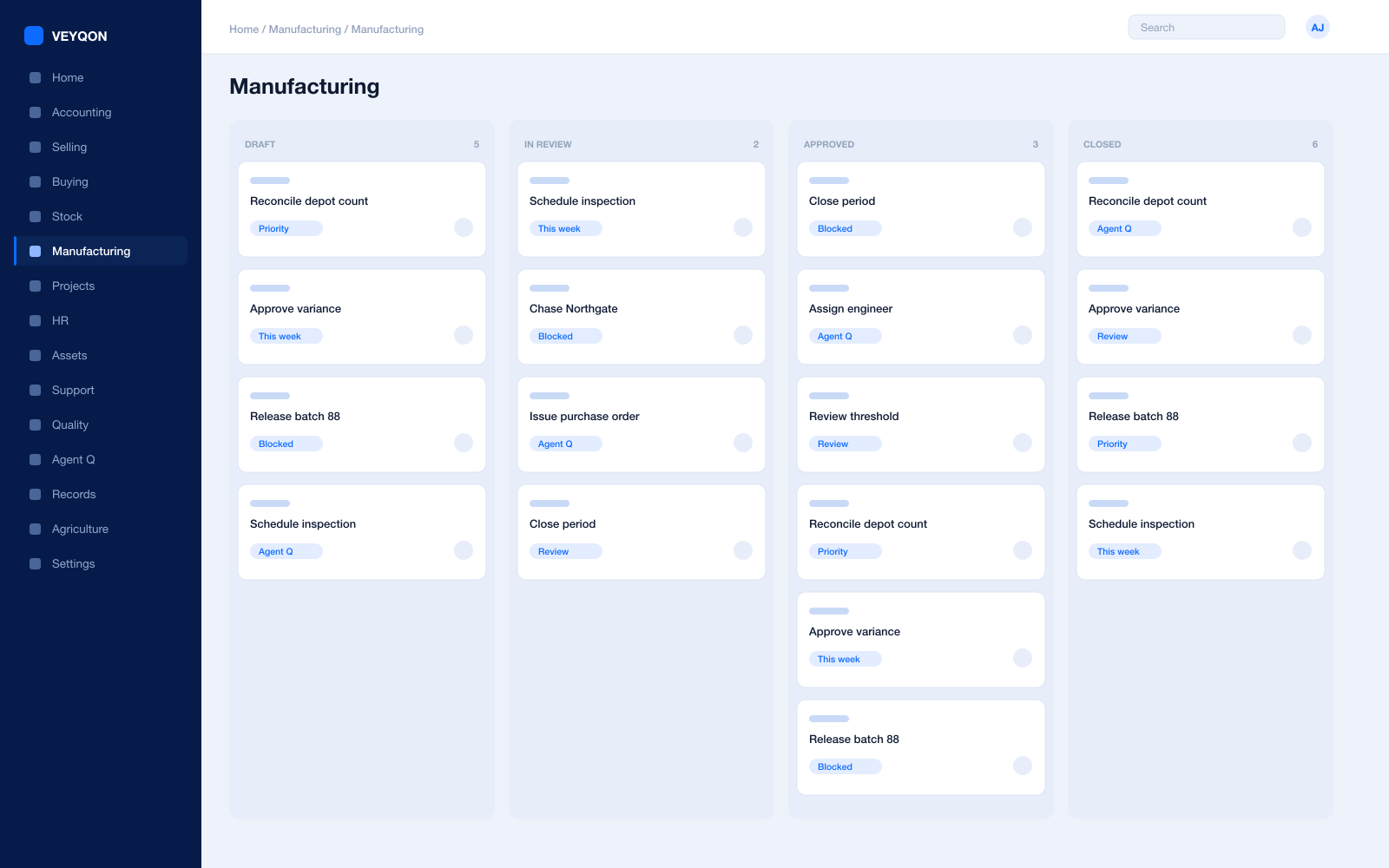 A work order with its job cards, operation status, and actual against planned cost.