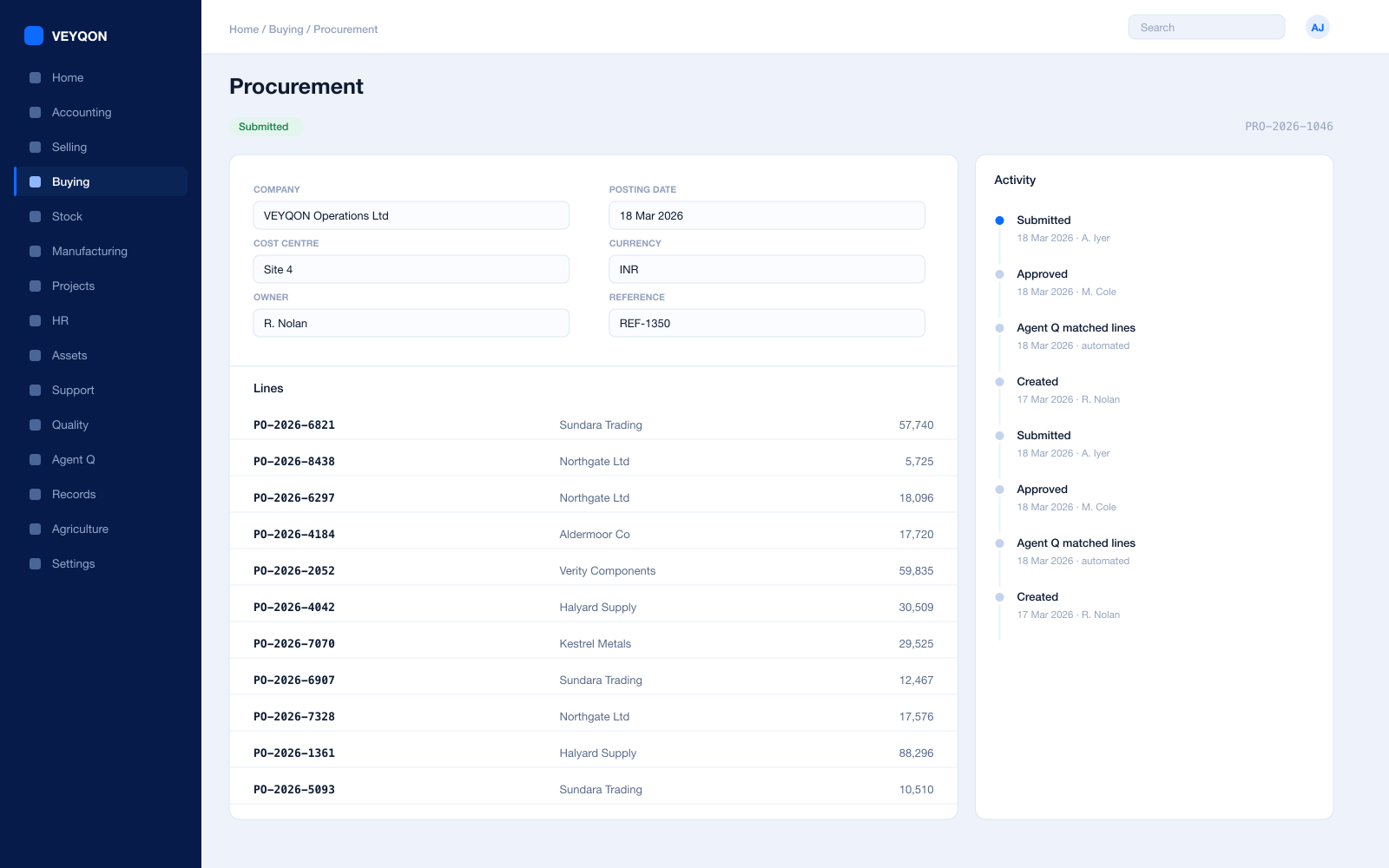 A purchase order against a supplier quotation, with the supplier scorecard alongside.