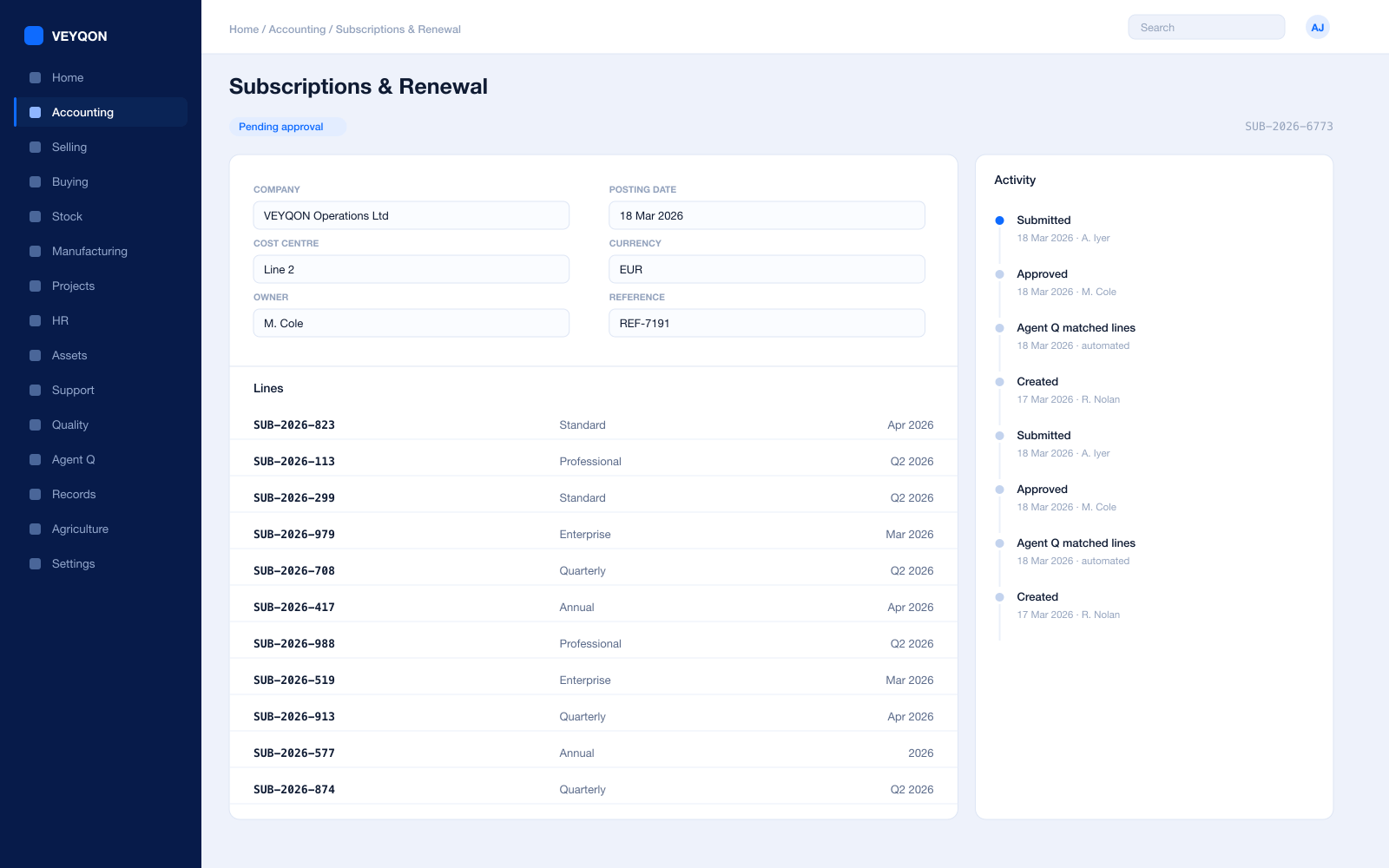 A membership subscription with its plan, interval, and generated invoices.