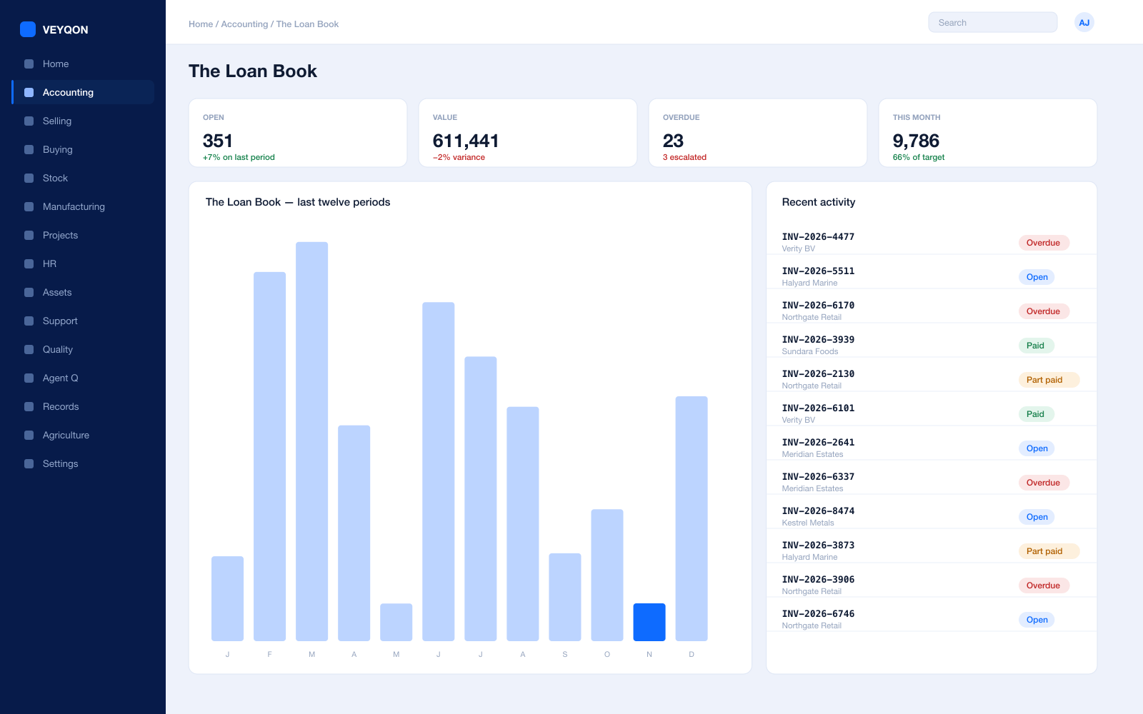 A loan with its principal, rate, schedule, and the interest accrued to date.